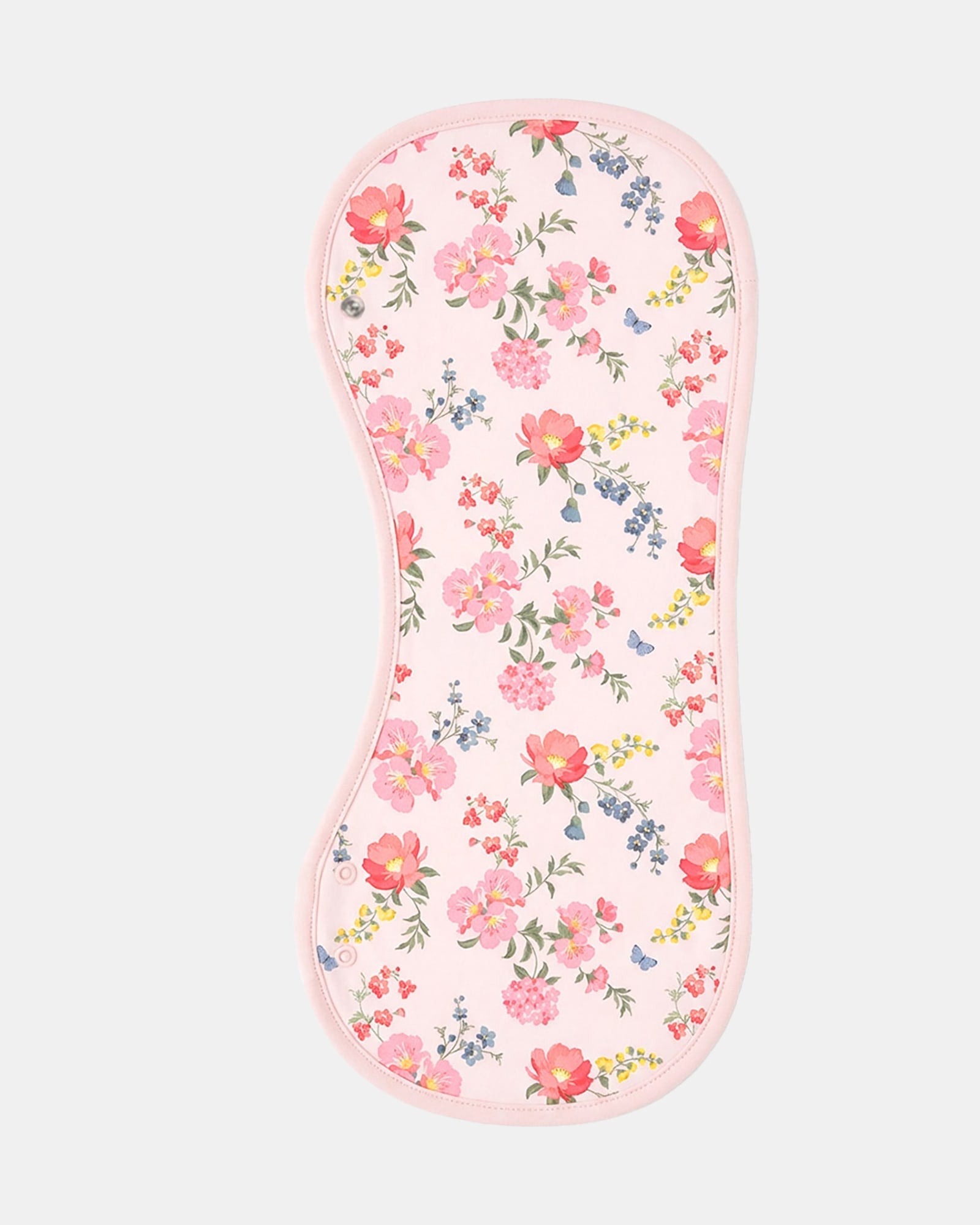 Toshi Arcadia Wild Garden burp cloth, a long curved pale pink cotton cloth printed with coral, pink and blue florals