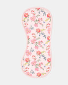Toshi Arcadia Wild Garden burp cloth, a long curved pale pink cotton cloth printed with coral, pink and blue florals