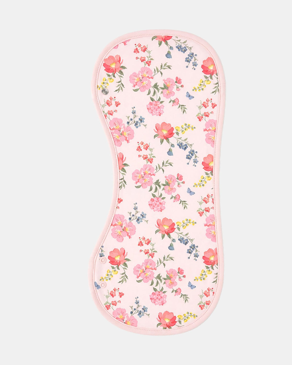 Toshi Arcadia Wild Garden burp cloth, a long curved pale pink cotton cloth printed with coral, pink and blue florals