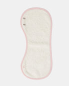Reverse of the burp cloth showing the cream towelling panel edged in pink
