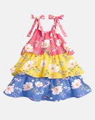 Toshi Arcadia Camille tiered dress with coral pink, yellow and blue floral layers and bow-tie shoulder straps