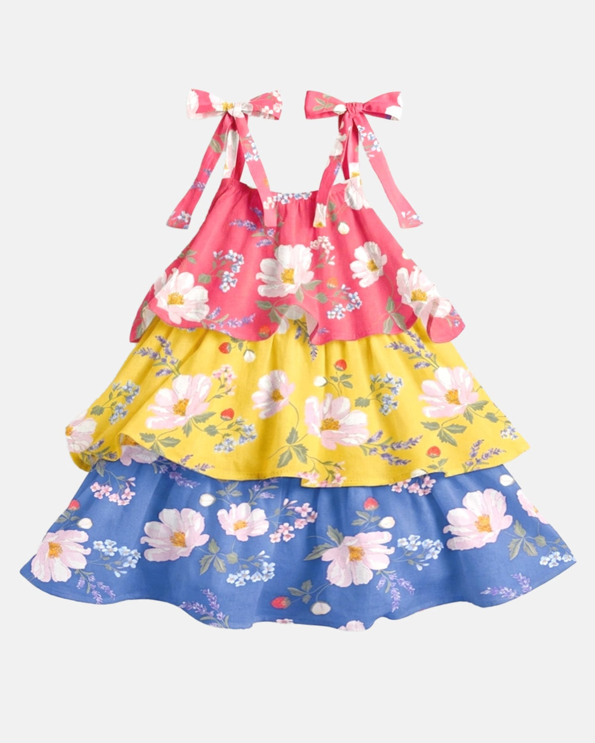 Toshi Arcadia Camille tiered dress with coral pink, yellow and blue floral layers and bow-tie shoulder straps