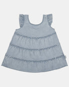 Toshi Indiana tiered dress in washed light blue denim with frilled cap sleeves and frill-edged tiers