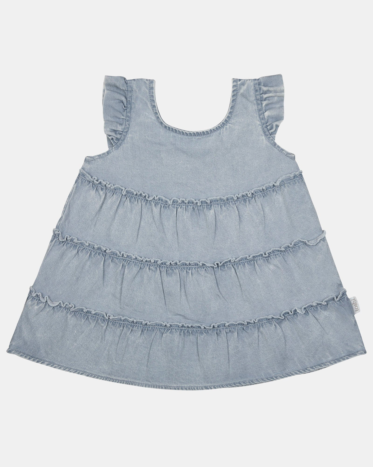Toshi Indiana tiered dress in washed light blue denim with frilled cap sleeves and frill-edged tiers
