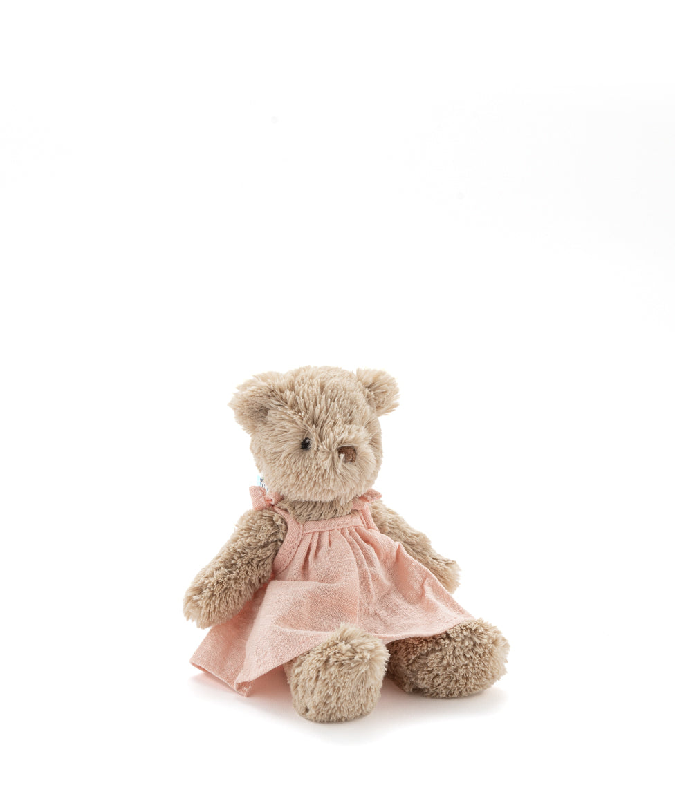 Small light brown teddy bear in a pale pink dress, sitting against white.