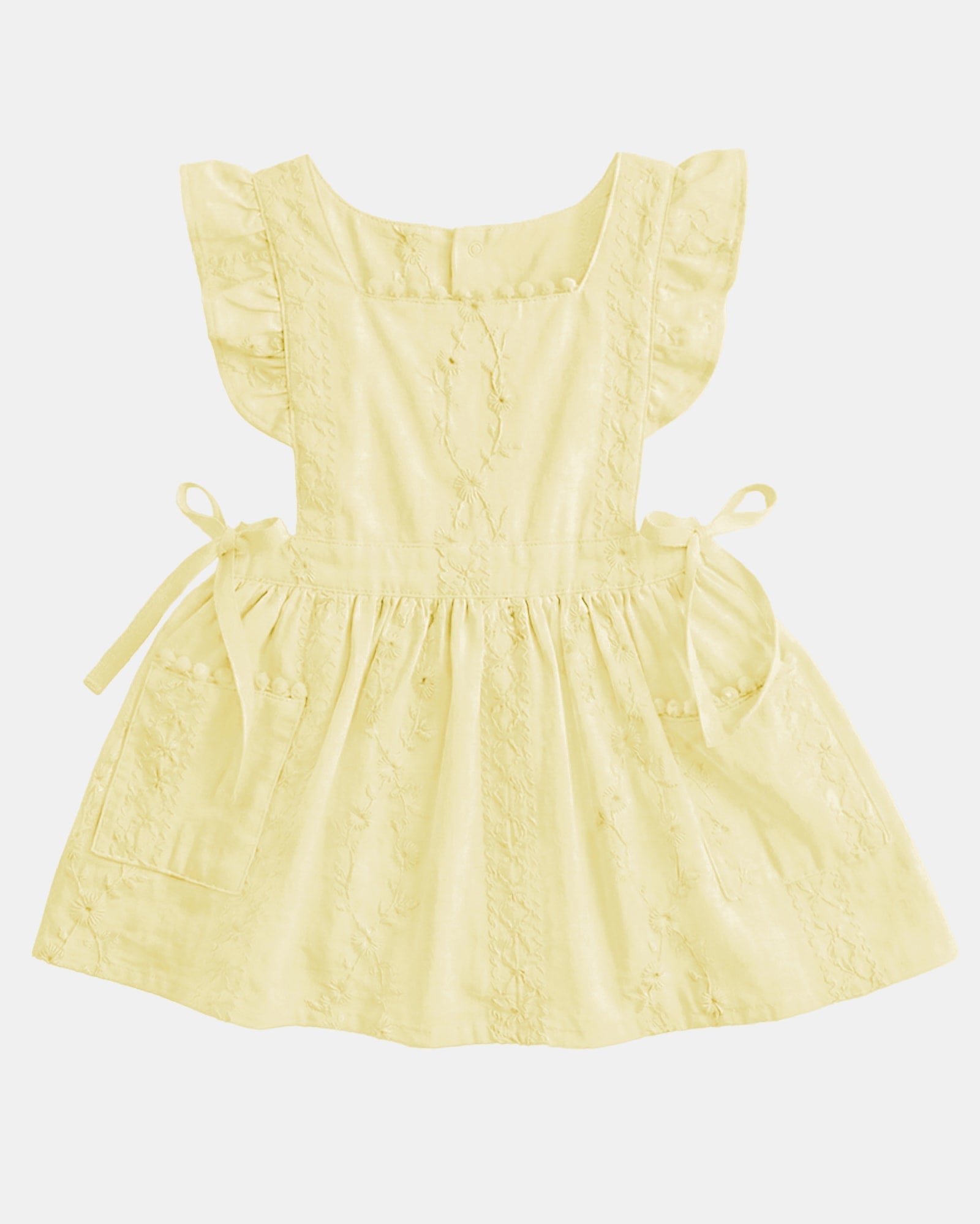 Toshi Florence pinafore in lemon embroidered cotton with frilled straps, a square neckline and bow ties at the sides