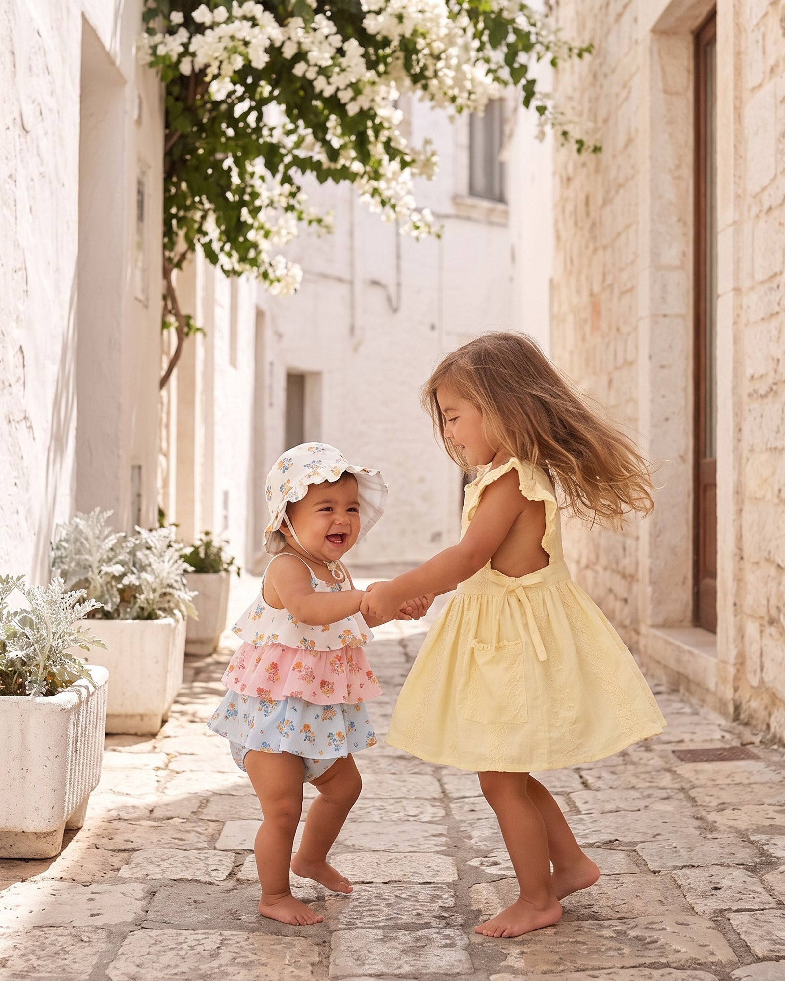 Two toddlers dancing in a sunny lane, one in the lemon Florence pinafore