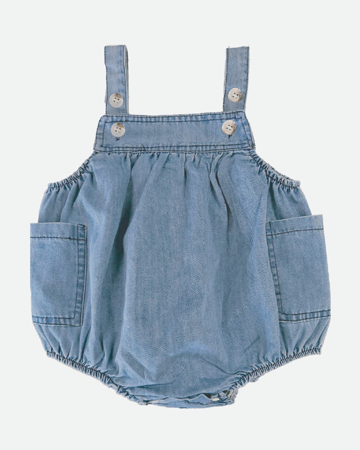 Toshi bubble romper in light blue denim-look cotton with buttoned shoulder straps and side patch pockets