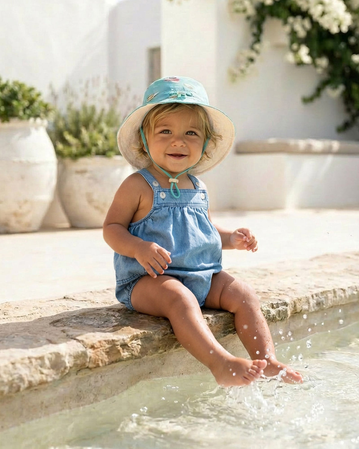 Smiling baby sitting on the edge of a pool in the denim bubble romper, feet in the water