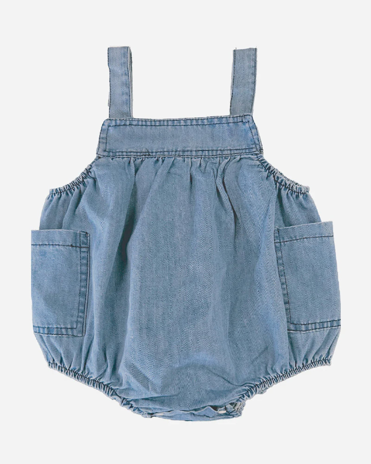 Back of the denim bubble romper showing the straps and gathered bubble shape