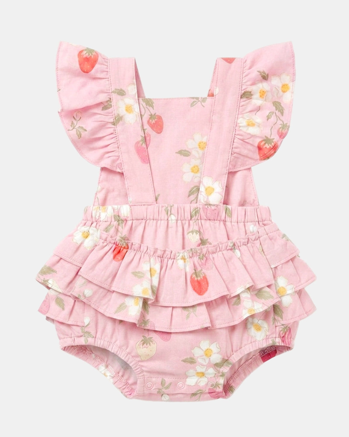 Back of the romper showing the straight straps, open back and rows of frills across the seat