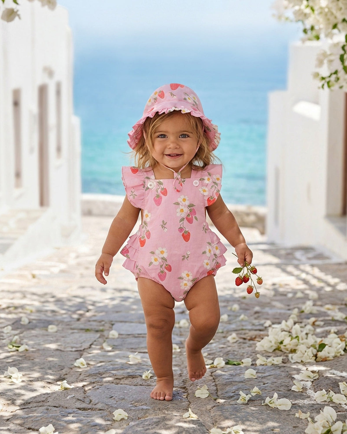 Toddler walking down a sunny lane in the Strawberry Fields romper and matching sunhat, holding strawberries
