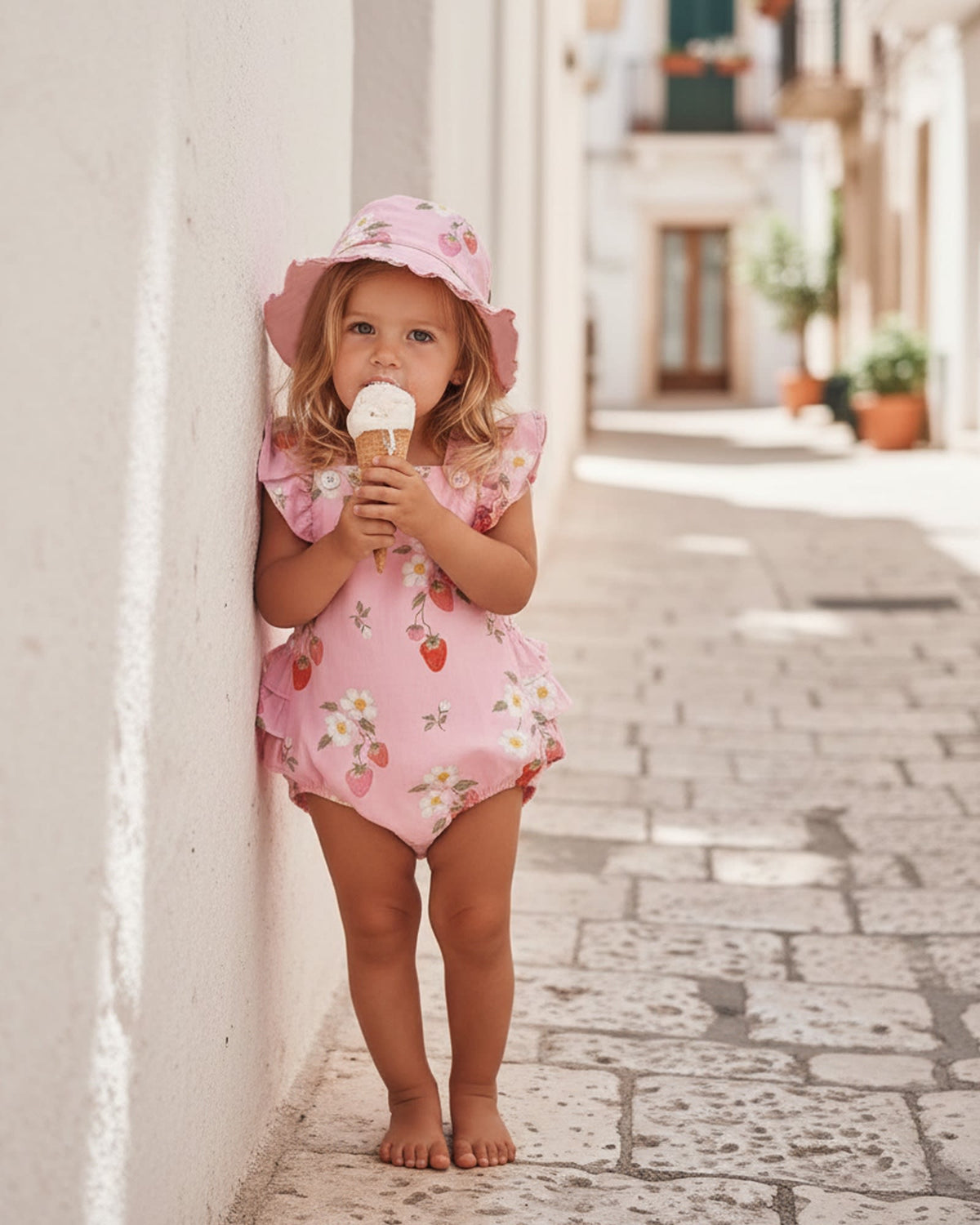 Toddler eating an ice cream in the Strawberry Fields romper and matching sunhat