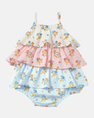 Toshi Maddie tiered romper with frilled white, pink and pale blue floral layers on thin shoulder straps