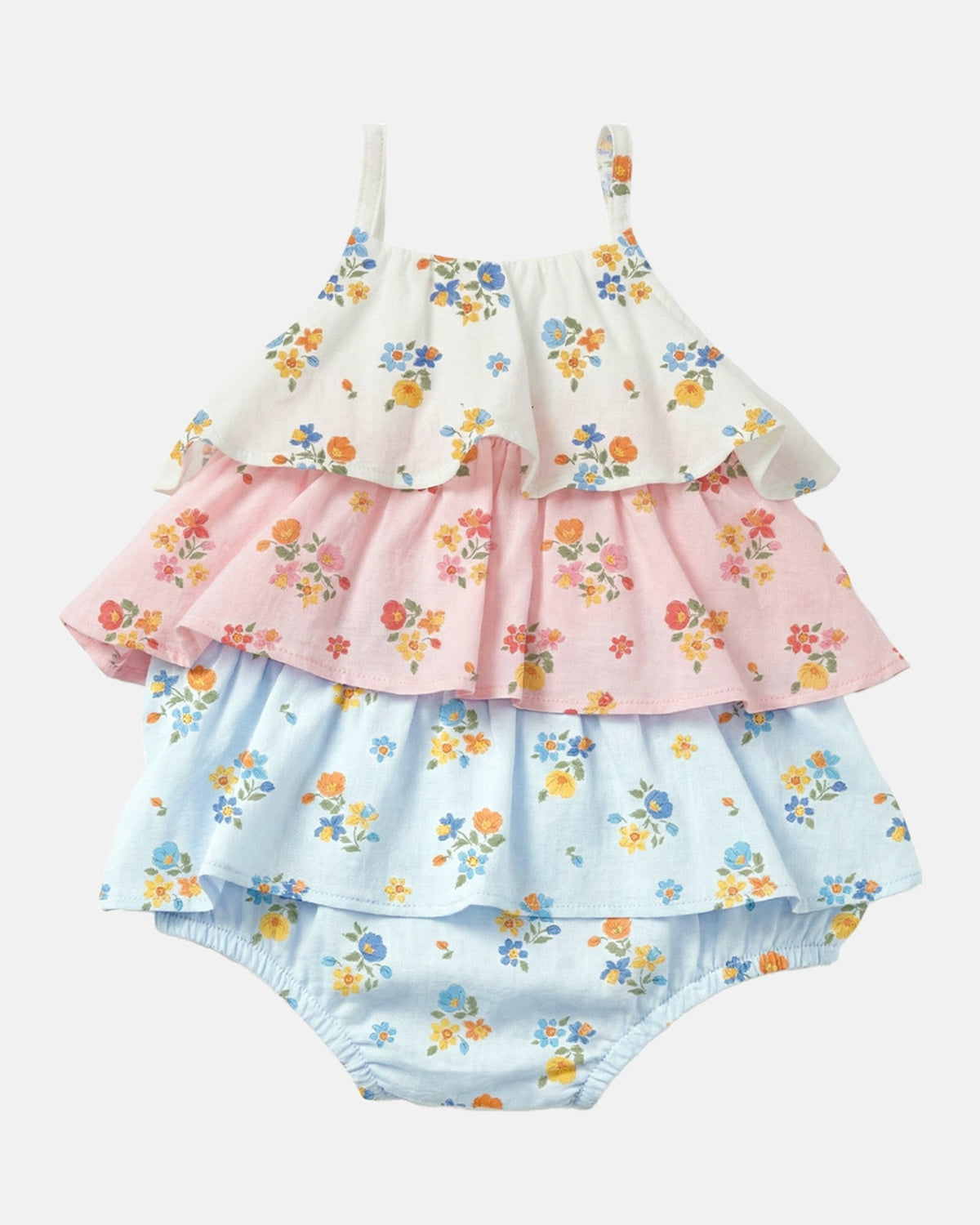 Toshi Maddie tiered romper with frilled white, pink and pale blue floral layers on thin shoulder straps