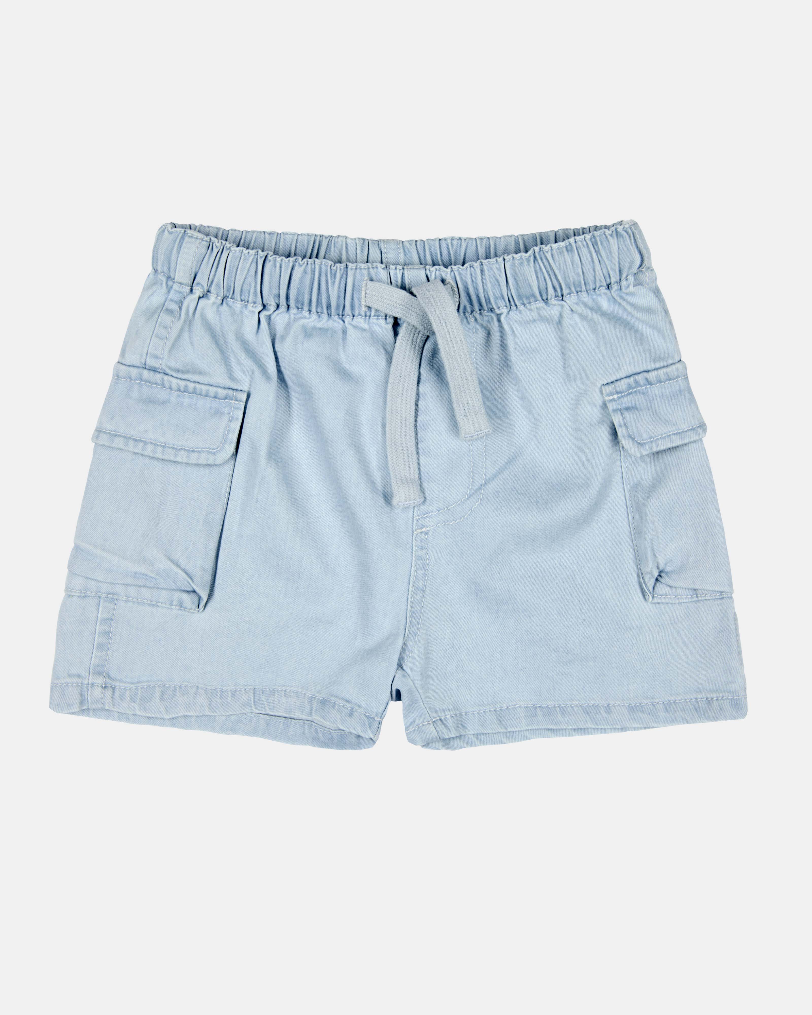 Toshi Billy shorts in a light blue denim look with an elasticised waist, front tie and flap cargo pockets