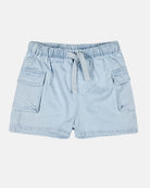 Toshi Billy shorts in a light blue denim look with an elasticised waist, front tie and flap cargo pockets