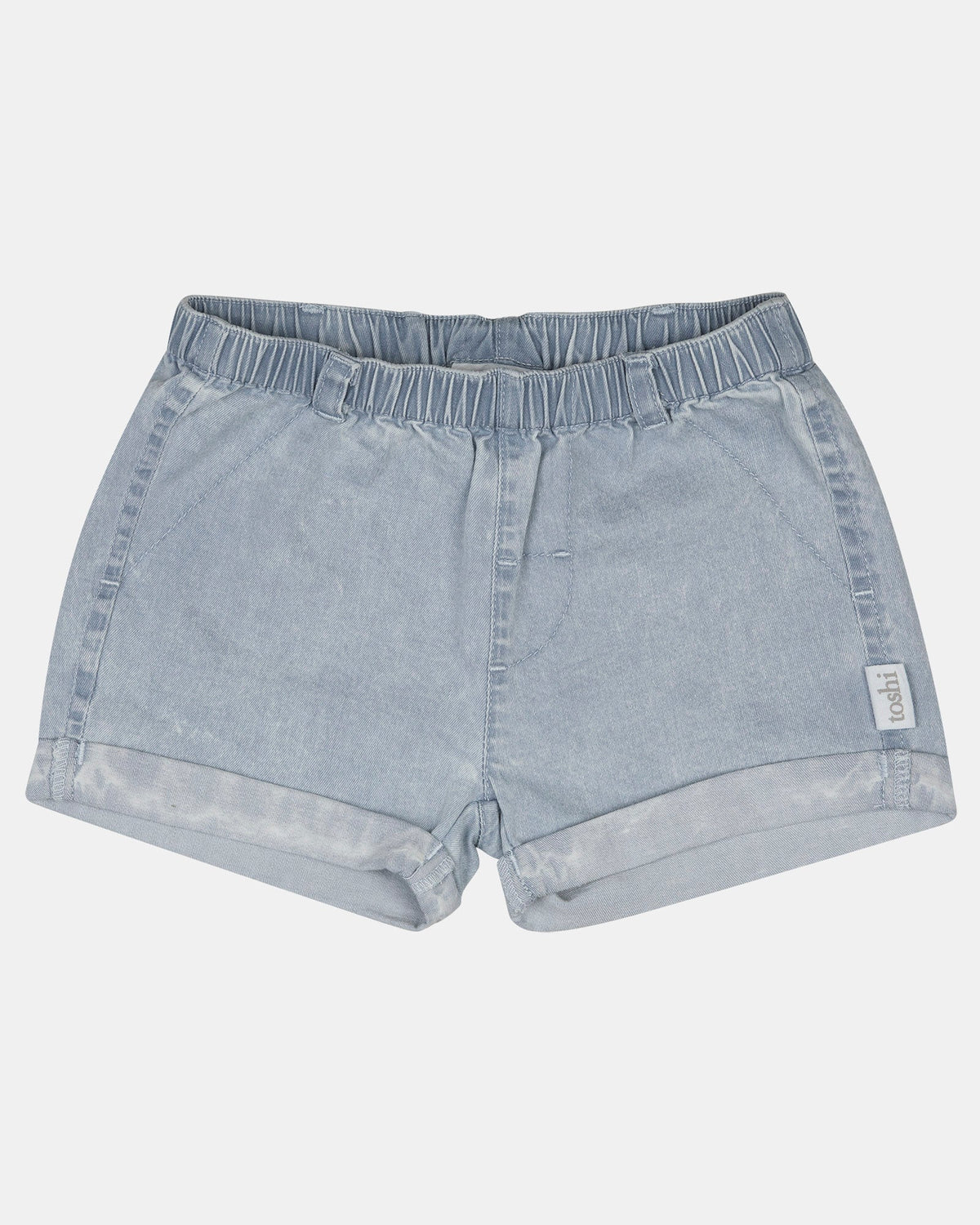Toshi Indiana shorts in washed light blue denim with an elasticised waist and turned-up cuffs