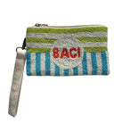 Beaded zip clutch with lime and white stripes over turquoise and white stripes, BACI in red-orange on a white circle, and a cream wrist strap clipped to one side.
