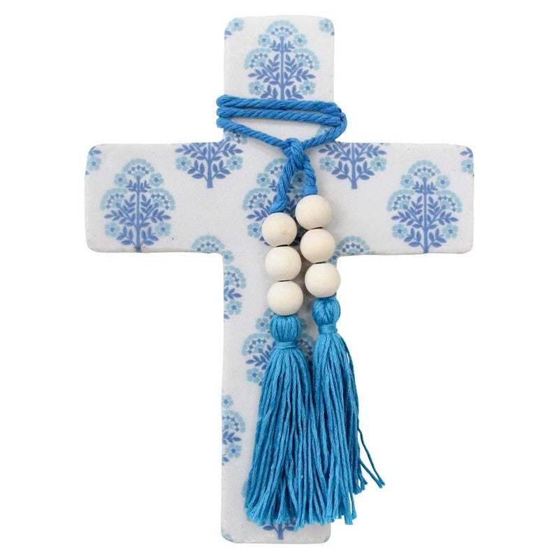 Second view of the blue and white Sari cross showing its beaded cord and twin tassels