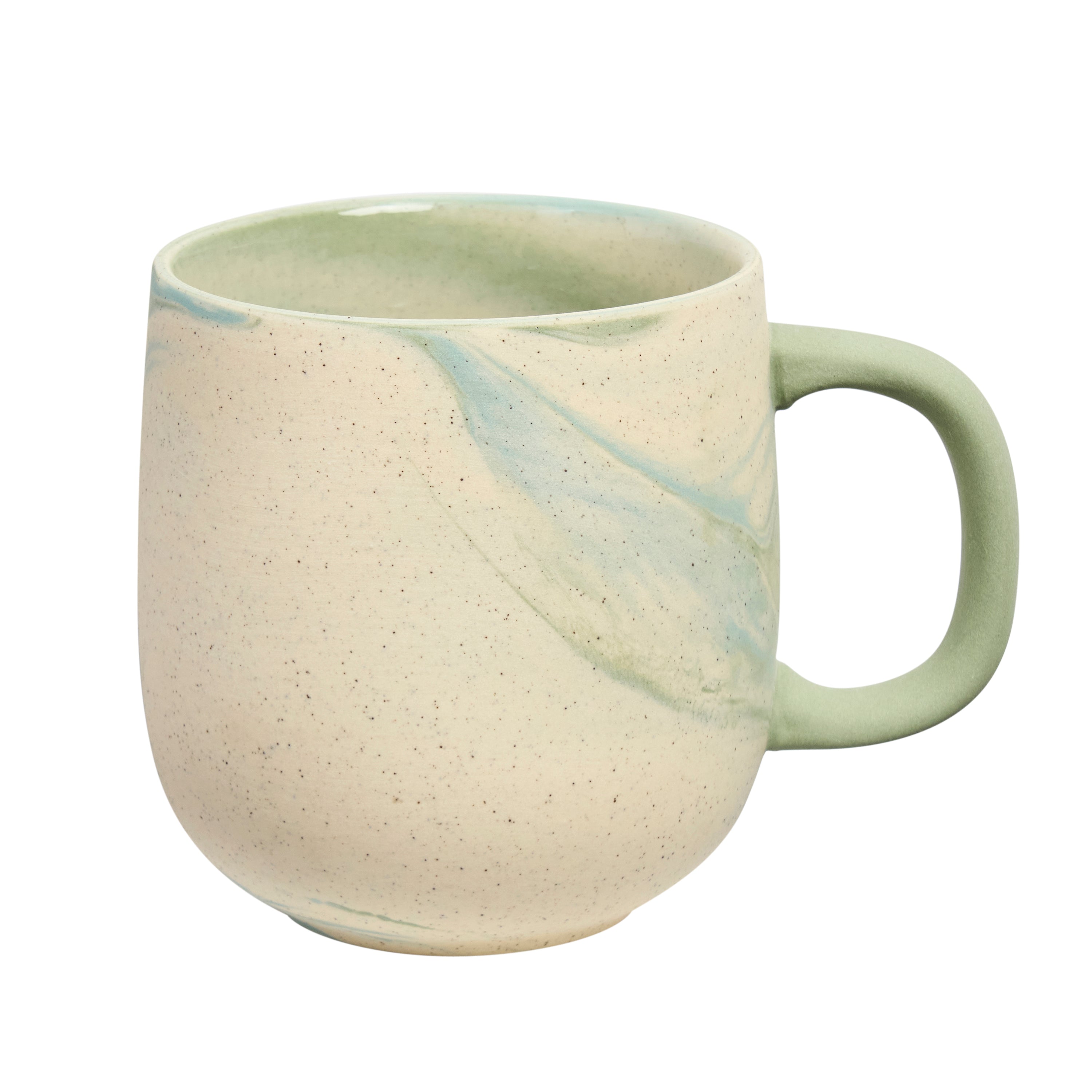 Jumble mug in Azure — cream stoneware with soft sage and blue marbling and a sage handle, white background
