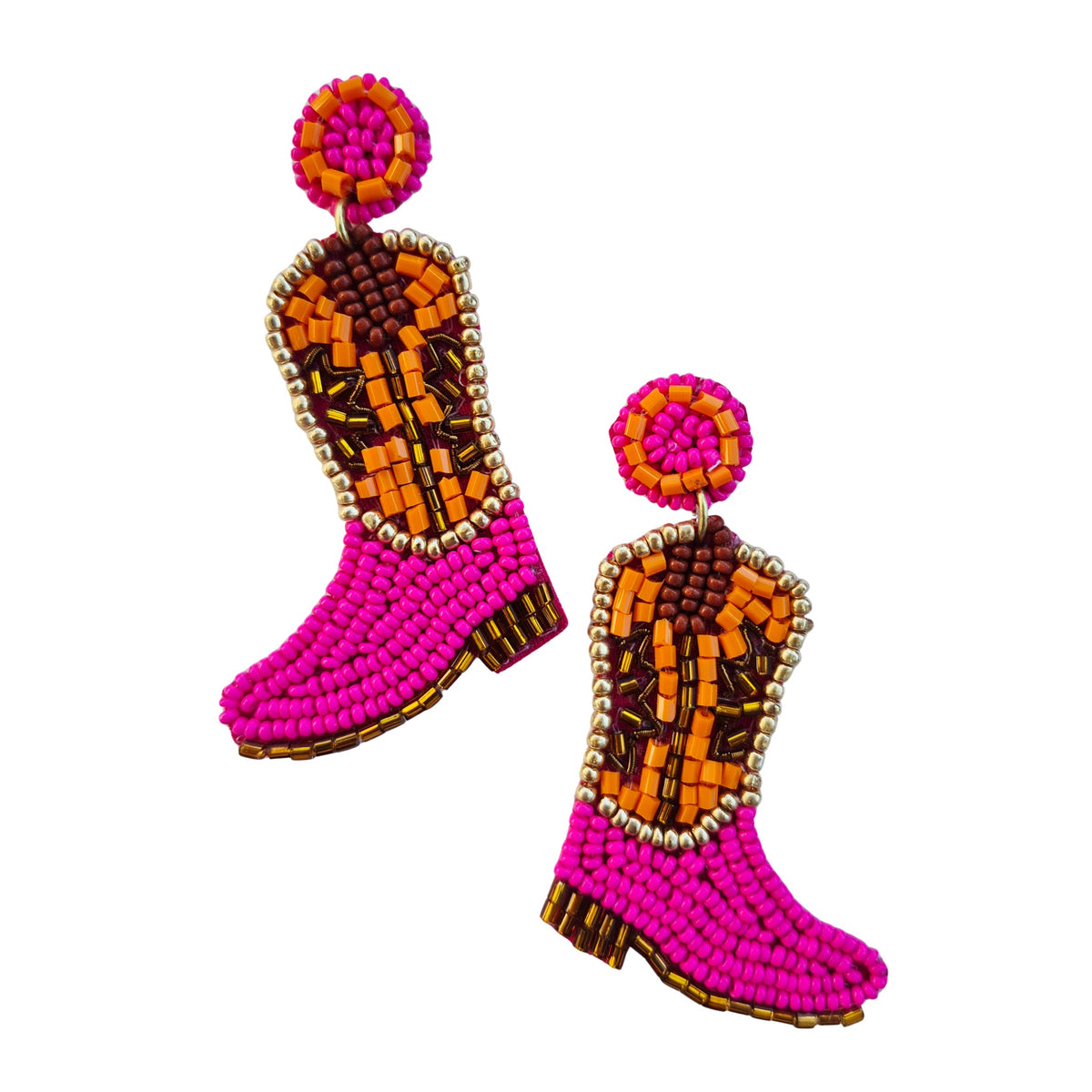 Pair of beaded cowboy boot earrings in hot pink with orange and brown uppers, hanging from round pink and orange studs.