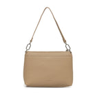 The plain back of the biscuit bag on its shoulder strap.