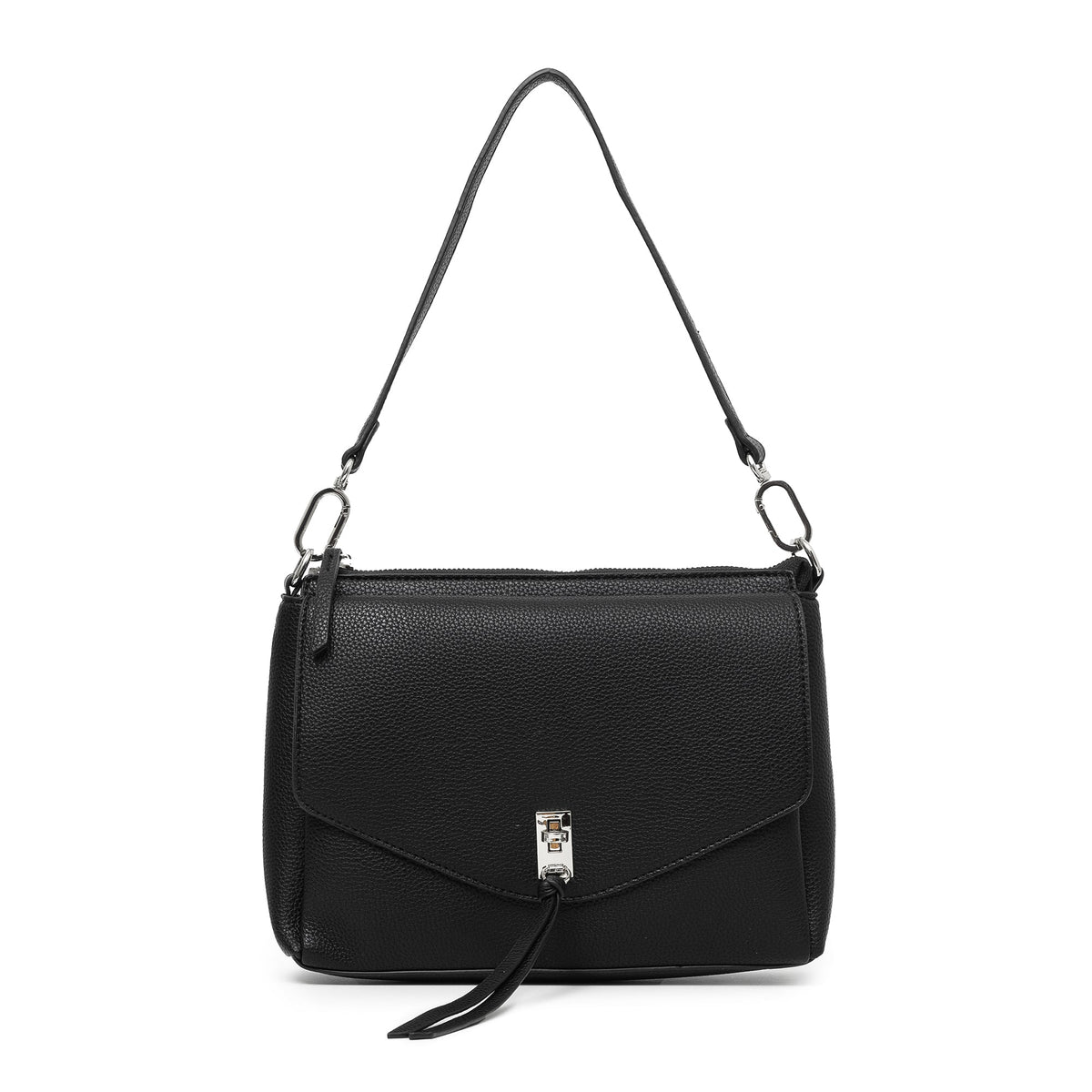 Black shoulder bag with a flap front, a chrome clasp and a long tassel, on a short shoulder strap.