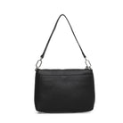 The plain back of the black bag on its shoulder strap.