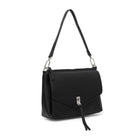 The black bag at an angle, showing the flap and tassel.