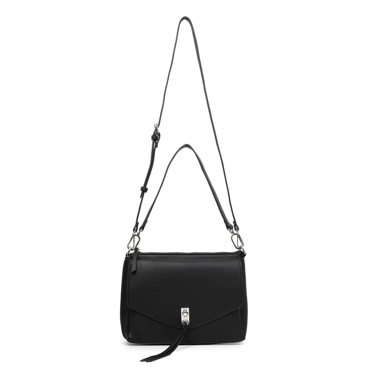 The black bag with both straps attached, the shoulder strap and the longer cross body strap.