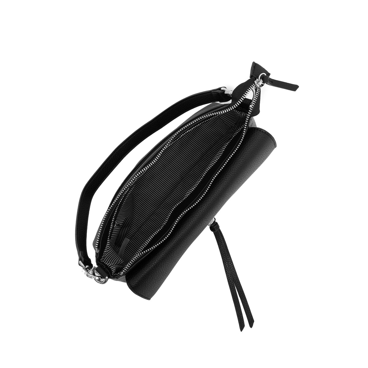The black bag open from above, showing a striped lining.