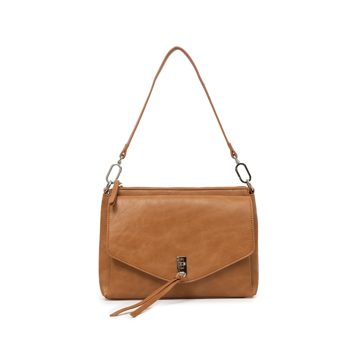 Tan shoulder bag with a flap front, a chrome clasp and a long tassel, on a short shoulder strap.