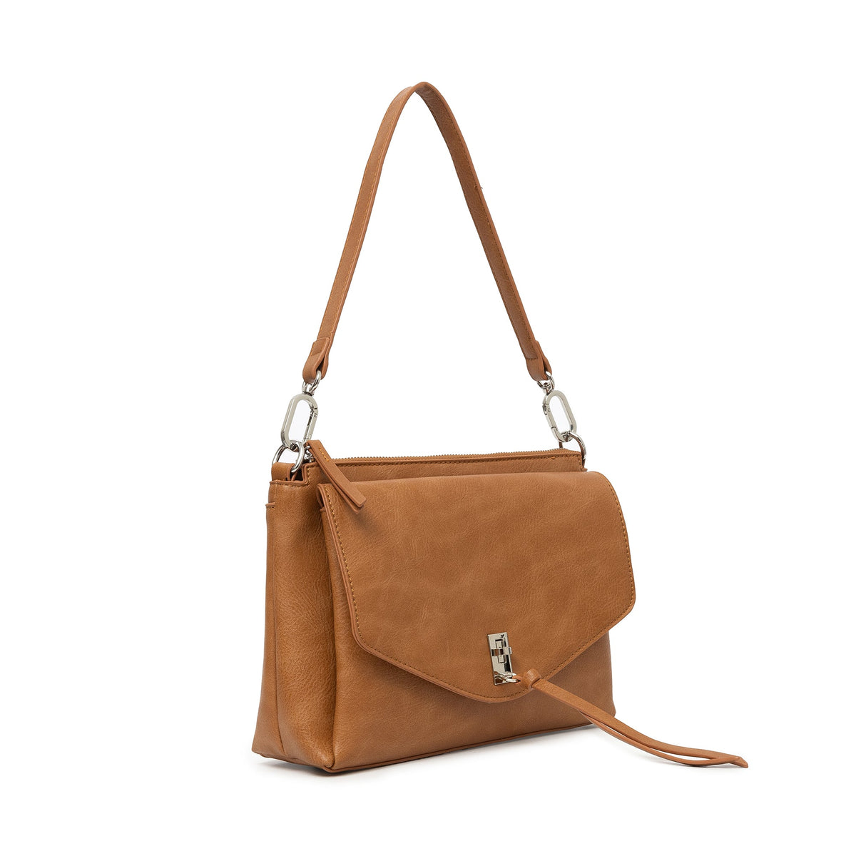 The tan bag at an angle, showing the flap and tassel.