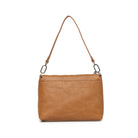 The plain back of the tan bag on its shoulder strap.
