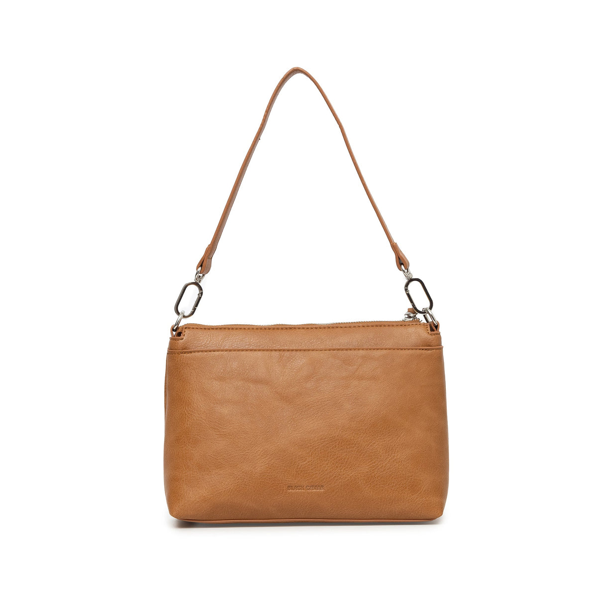 The plain back of the tan bag on its shoulder strap.