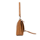 Side view of the tan bag, showing its slim depth.