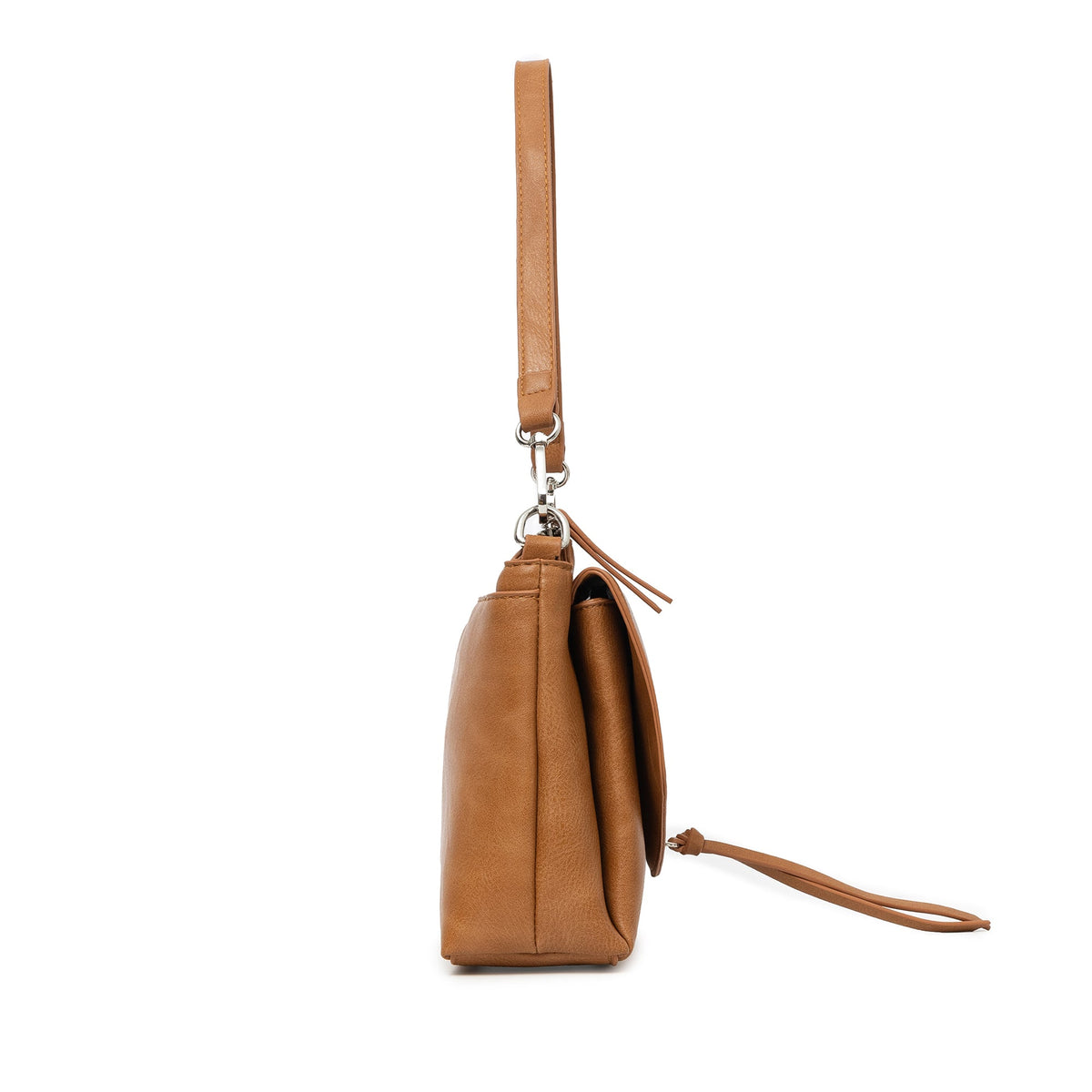 Side view of the tan bag, showing its slim depth.