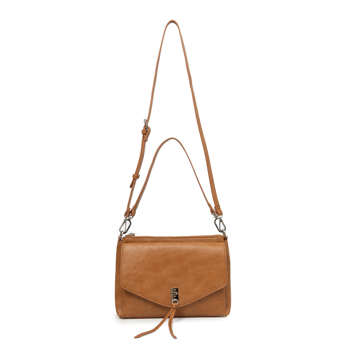 The tan bag with both straps attached, the shoulder strap and the longer cross body strap.