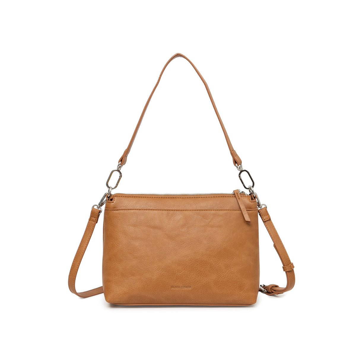 The back of the tan bag with the shoulder strap and the cross body strap attached.