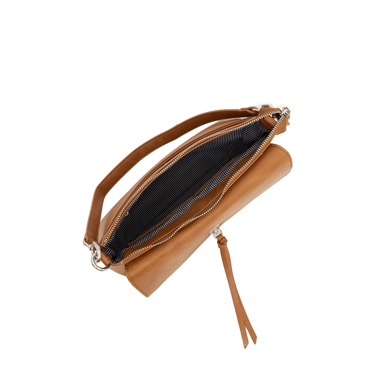 The tan bag open from above, showing a striped lining.