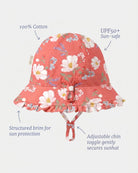 Labelled view of the bell sunhat noting 100% cotton, UPF50+, structured brim and the adjustable chin toggle