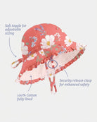 Labelled side view of the bell sunhat showing the soft toggle, cotton lining and safety-release chin clasp