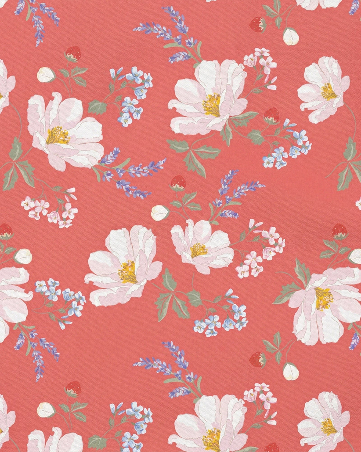 Close-up of the Camille Paradise print of white blossoms, lavender sprigs and small blue flowers on coral pink