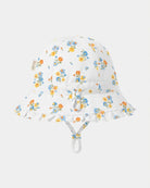 Toshi Arcadia Maddie Vanilla bell sunhat in white cotton with small blue, orange and yellow flowers, frilled brim, adjustable head toggle and chin strap