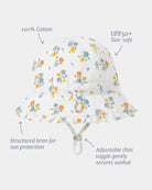 Labelled view of the bell sunhat noting 100% cotton, UPF50+, structured brim and the adjustable chin toggle