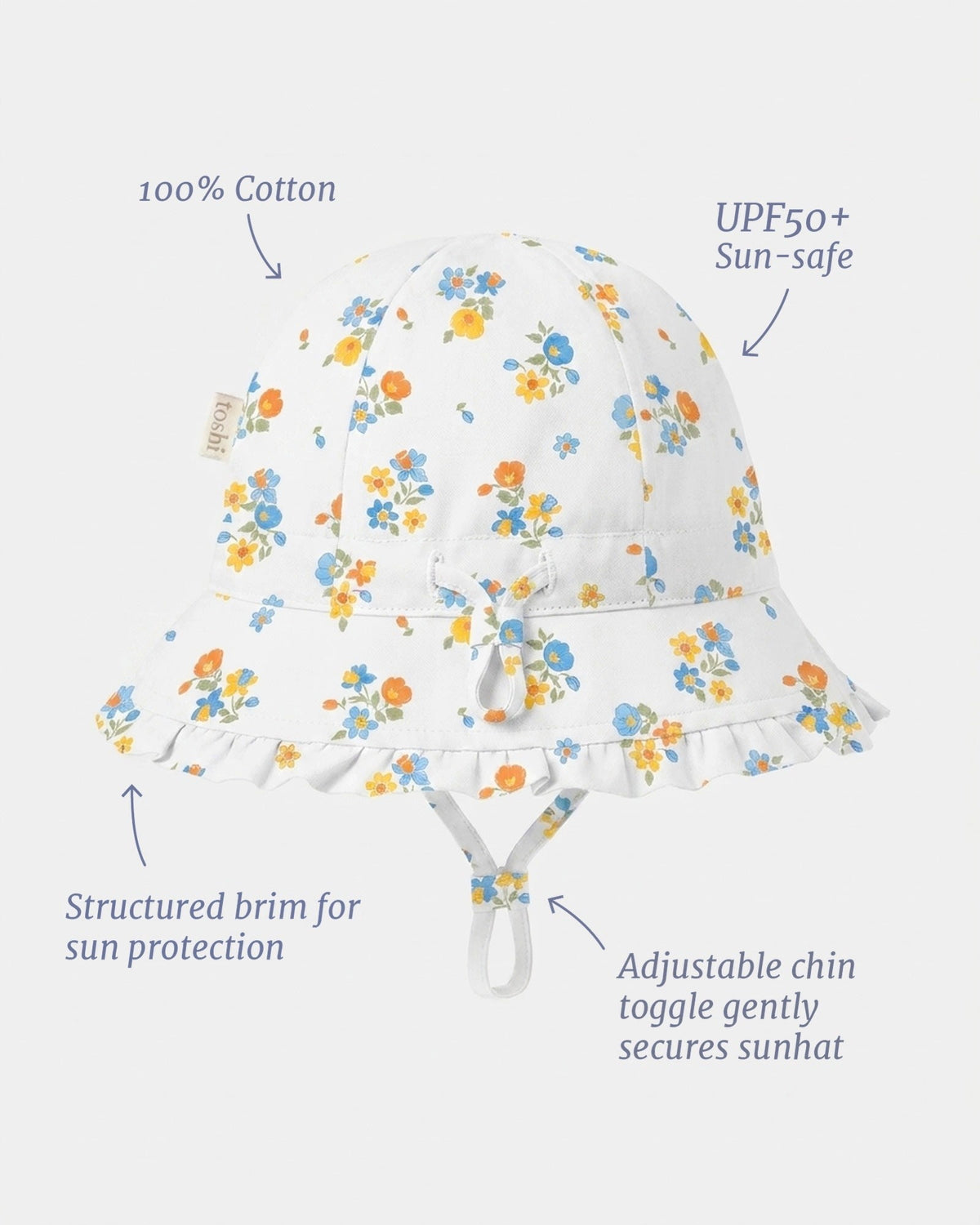 Labelled view of the bell sunhat noting 100% cotton, UPF50+, structured brim and the adjustable chin toggle