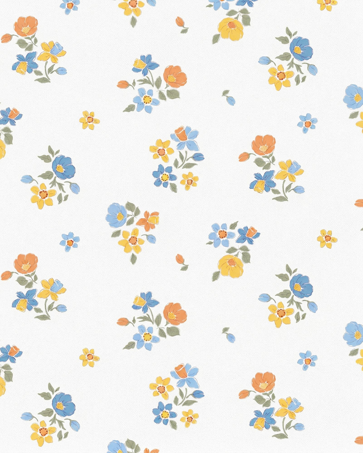 Close-up of the Maddie print of small blue, orange and yellow flowers on white