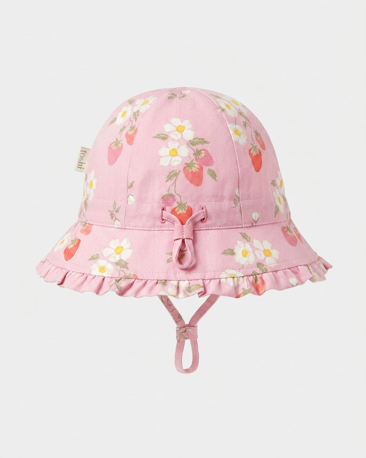Toshi Arcadia Strawberry Fields bell sunhat in pink cotton with a strawberry and blossom print, frilled brim and chin strap