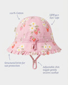 Labelled view of the bell sunhat noting 100% cotton, UPF50+, structured brim and the adjustable chin toggle